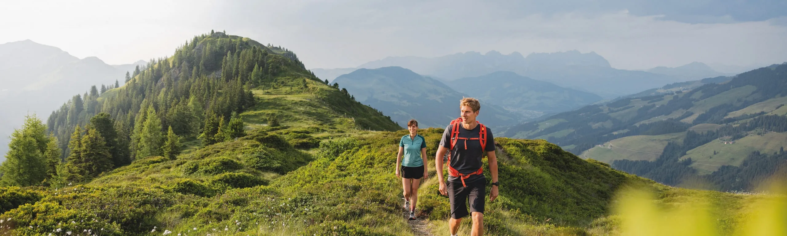 Wanderer auf einem grünen Pfad in der Sommerlandschaft des Brixentals
