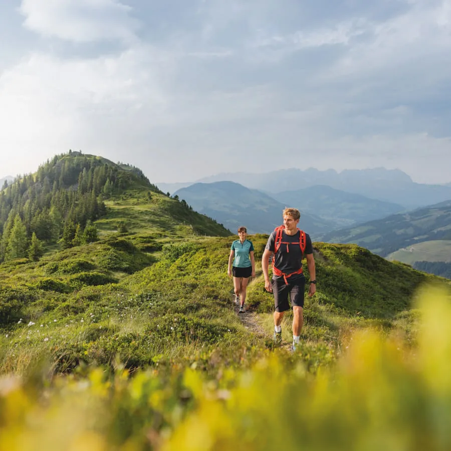 Wanderer auf einem Hügel im Brixental bei sommerlichen Bedingungen